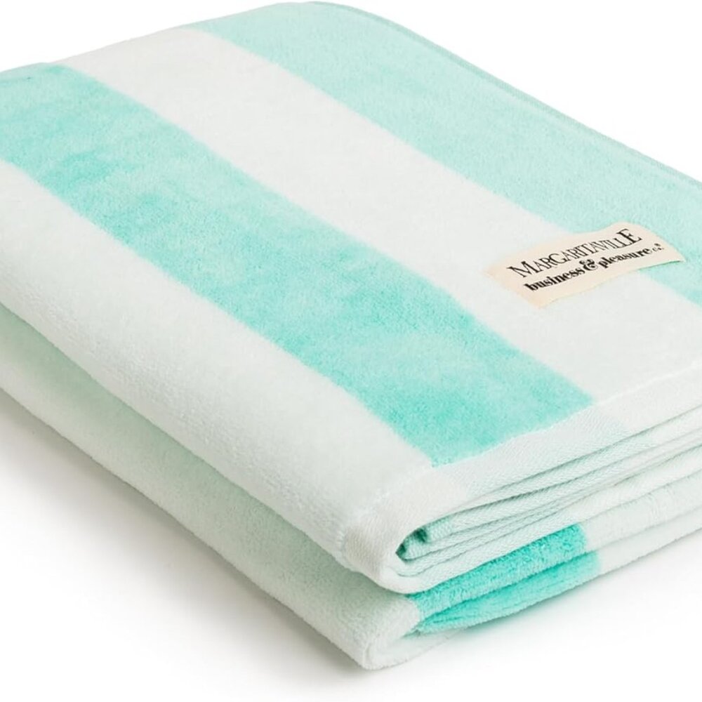 Business & Pleasure Co. Large Retro Aqua Stripes Beach Blanket Towel NWT - Picture 3 of 6